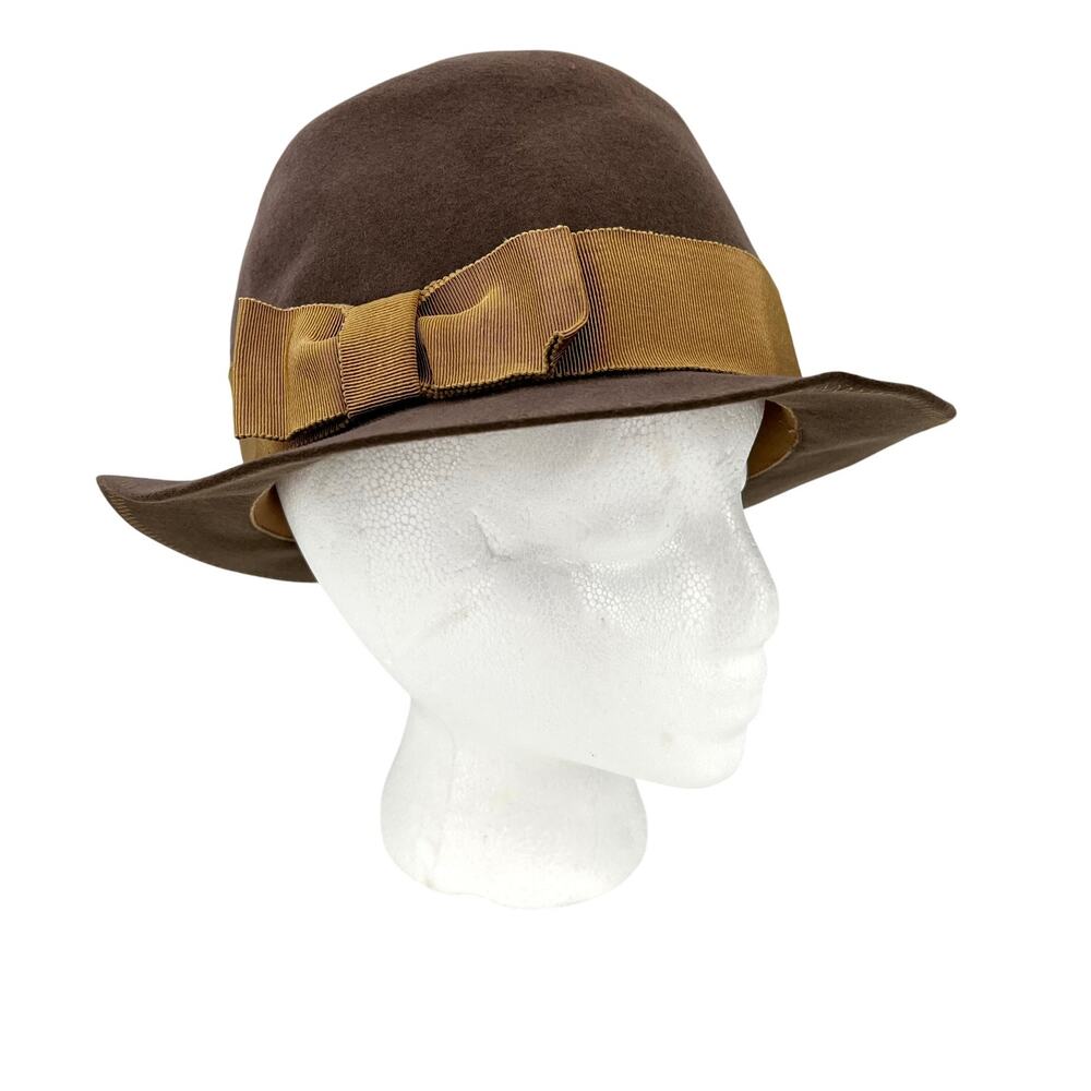 Giorgio Armani Women's Vintage Brown Fur Felt Round Brim Hat Gold Ribbon (58)